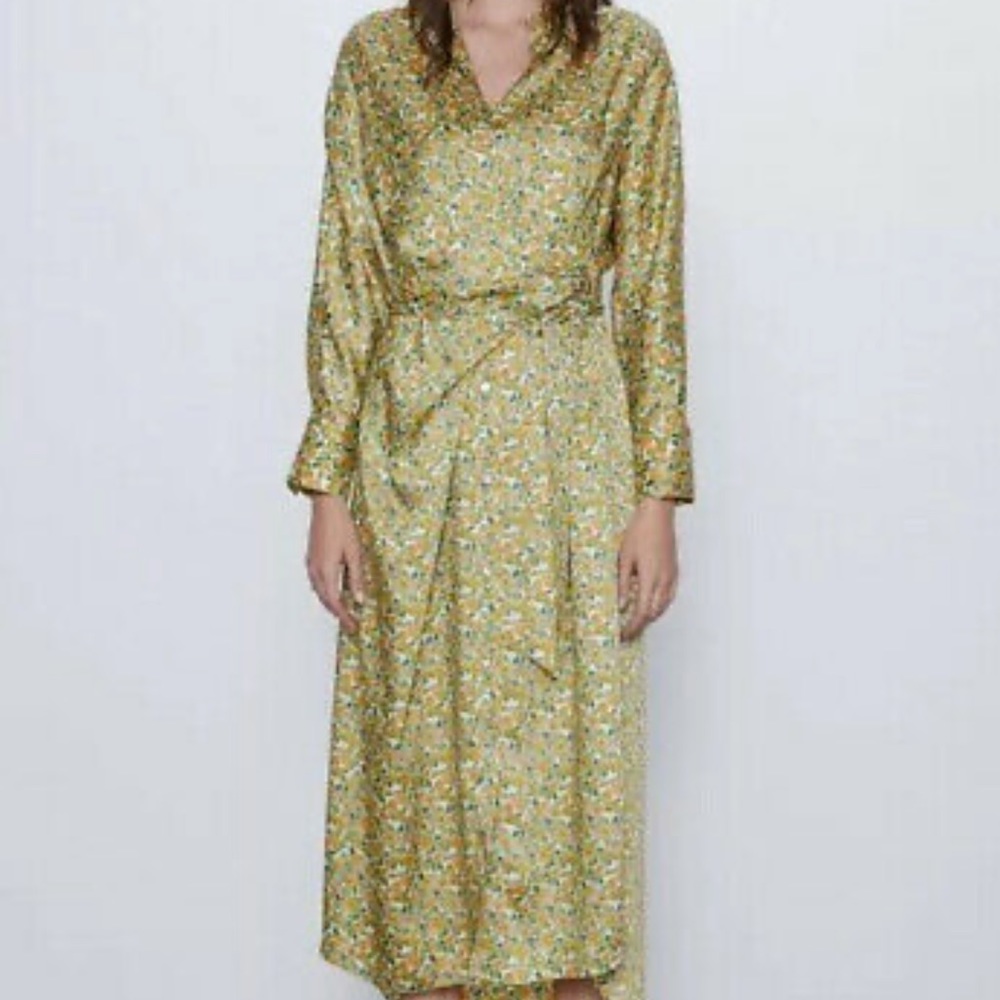 SATIN KNOTTED WRAP SHIRT DRESS FLORAL PRINTED GREEN